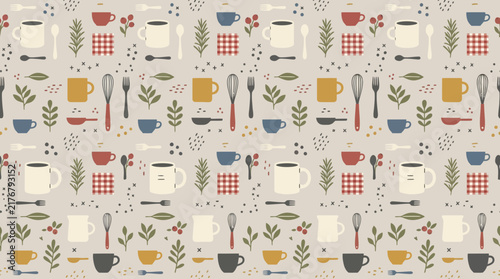 Cozy Kitchen Pattern: Mugs, Utensils, and Festive Accents