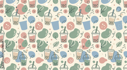 Cute Boba Tea Pattern with Abstract Shapes on Transparent Background