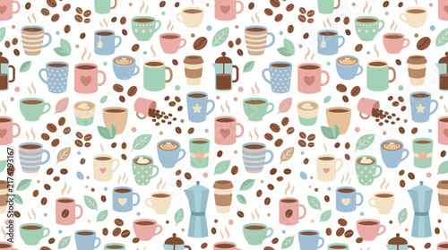Cute Coffee Cups and Beans Seamless Pattern Illustration - Transparent Background