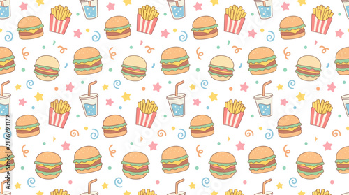 Kawaii Burger Fries Drinks Pattern - Transparent Background