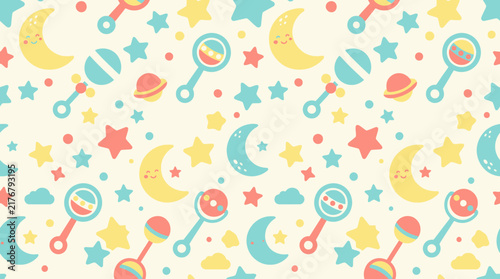 Cute Baby Pattern: Moon, Stars, Rattle, Clouds - Seamless Repeat