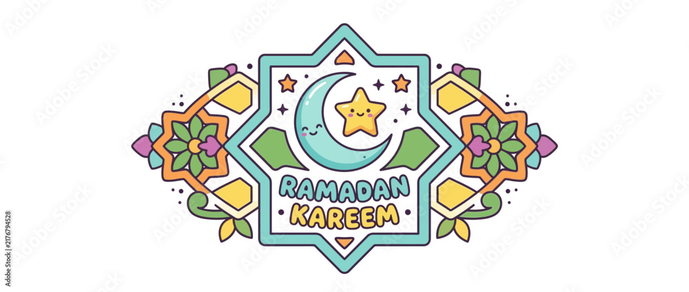 Fototapeta premium Ramadan Kareem Cute Crescent Moon and Star Illustration with Islamic Geometric Design