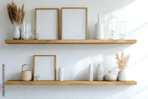 Minimalist wooden shelves with decorative objects and picture frames.