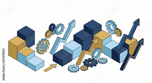 Isometric business marketing strategy cycle diagram with 3D step blocks, gears, and growth trend arrows isolated on white background