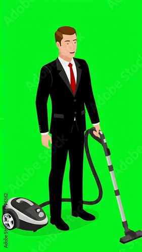Man in a suit with a vacuum cleaner, cleaning concept, household chore, domestic work, professional cleaner, maintenance, tidiness