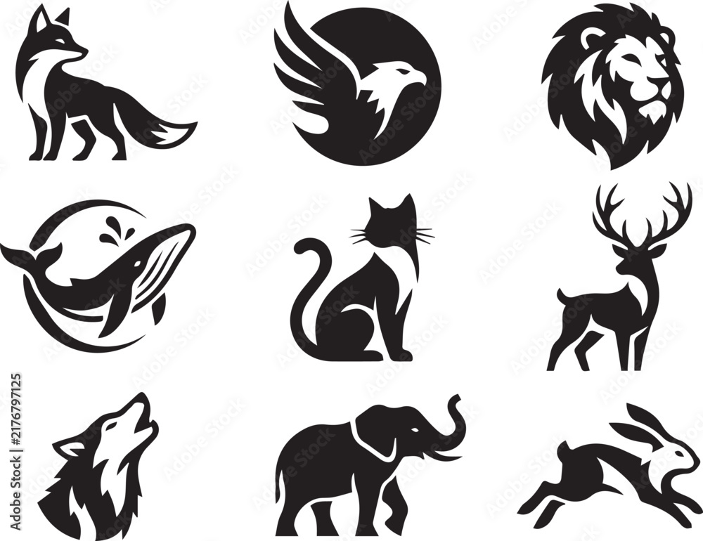 Obraz premium Wild Animal Logo Icon Set Fox Eagle Lion Whale Cat Deer Wolf Elephant