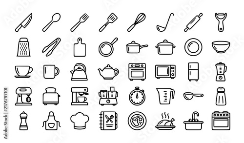 Kitchen cooking line icon set with utensils cookware food and appliances vector collection