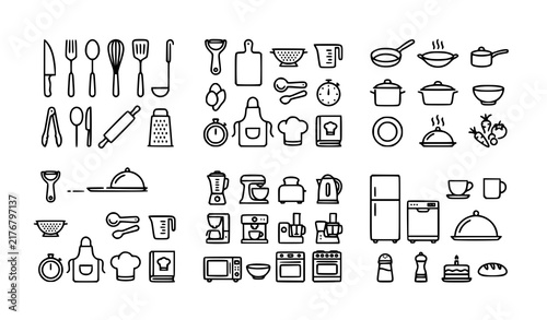 Minimal kitchen culinary icon collection with cooking utensils food cookware and appliances vector set