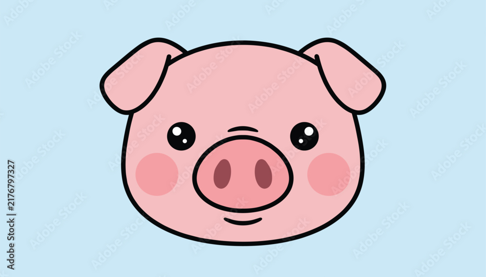 Fototapeta premium Cute pink pig cartoon face with rosy cheeks and sweet black eyes isolated on a clear light blue background.