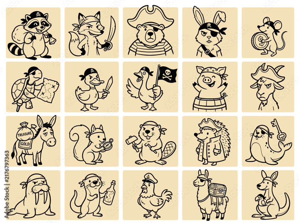 Fototapeta premium Set of 20 Cute Cartoon Pirate Animal Icons Vector Illustration for Kids Adventure and Education