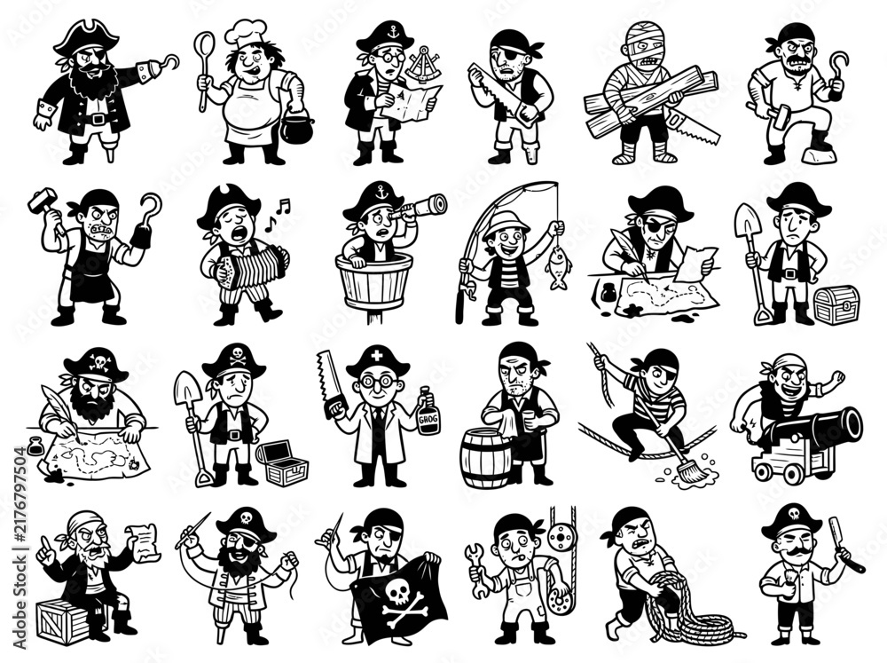 Obraz premium Set of Cartoon Pirate Character Icons with Various Nautical Professions and Activities