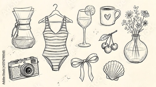 Collection of hand drawn summer beach and lifestyle objects in sketch style.