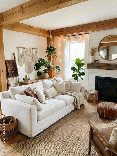 Cozy rustic living room with white slipcover sofa and exposed wooden beams.