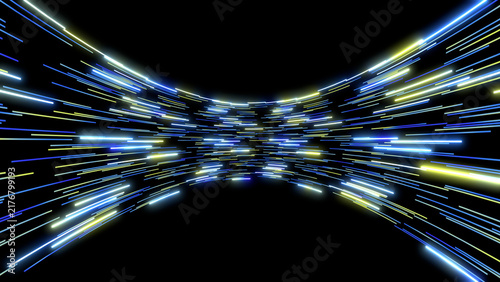 Фотография Dynamic neon lines flying and forming a curved tunnel on a black background