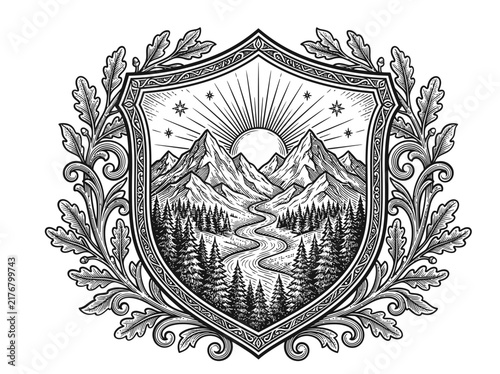 Vintage Heraldic Shield with Mountain Landscape Pine Forest and Sun in Engraved Woodcut Style