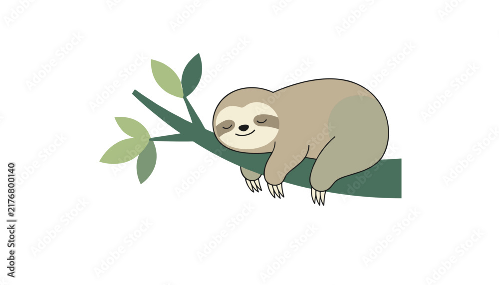 Obraz premium Cute cartoon sloth peacefully sleeping on a green tree branch with leaves isolated on a plain white background.