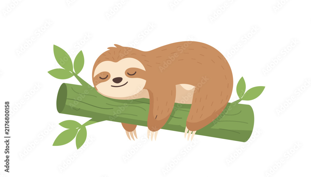 Obraz premium Cute fluffy sloth hanging comfortably and sleeping on a textured green tree branch with leaves on a white background.