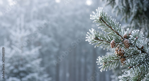 Pine branch with pine cones covered in hoarfrost in a misty winter forest
