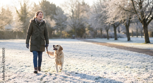 Woman walking her golden retriever on a frost covered park lawn in the morning