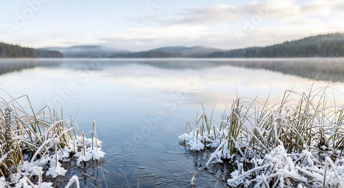 Frosted reeds and ice along the edge of a calm lake on a crisp winter morning