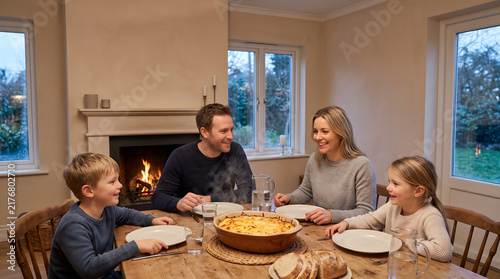 Happy family sitting at dining table enjoying freshly baked warm potato gratin near fireplace on winter evening
