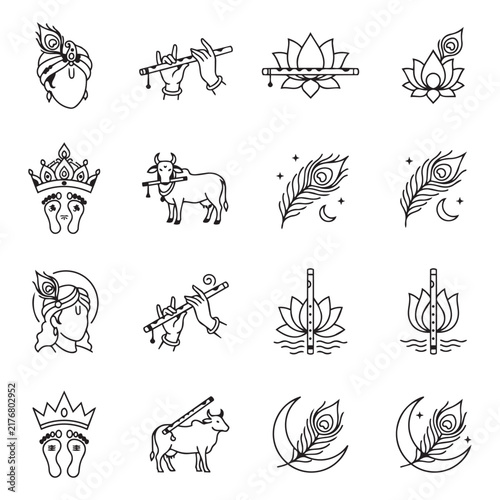 Minimalist Krishna line icons featuring flute peacock and lotus art.