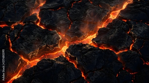 Glowing lava flow in dark volcanic landscape