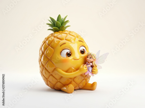 Cheerful pineapple character sitting while holding tiny blonde fairy with wings for magical fantasy forest theme visual content.