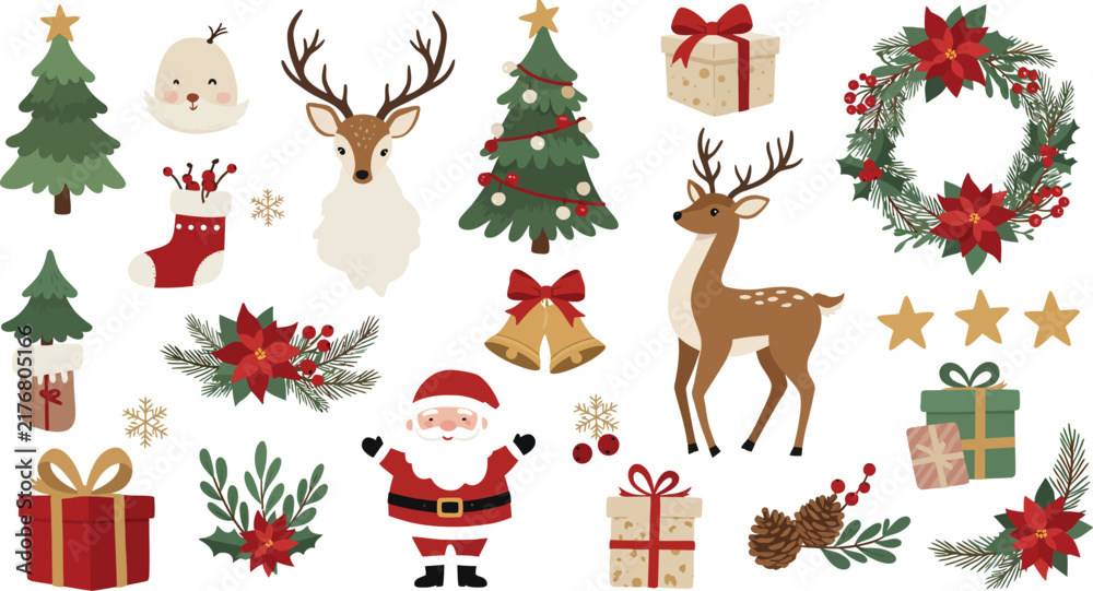 Fototapeta premium Set of hand drawn watercolor christmas elements including santa claus reindeer pine trees gifts wreath and festive holiday decorations isolated