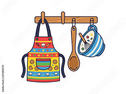 Colorful Kitchen Apron and Utensils Hanging on Rack.