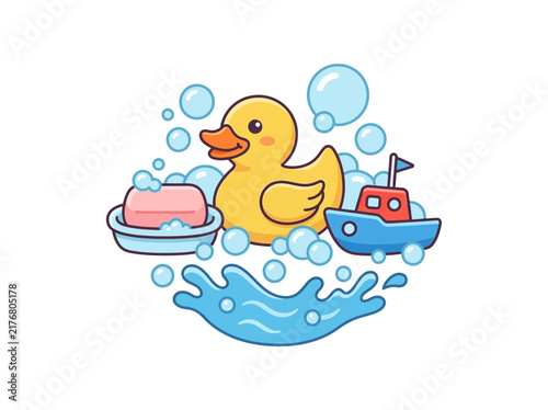 Yellow Rubber Duck with Bath Toys and Bubbles.