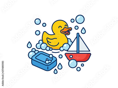 Yellow Rubber Duck with Bath Toys and Bubbles.
