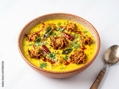 Traditional Indian dish kadhi pakora served in a ceramic bowl with a spoon