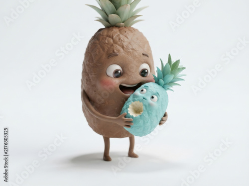 Cute brown pineapple person eating light blue mini pineapple figure 3d render isolated on white background for creative design.