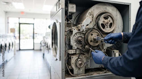 Skilled Technician Repairs Commercial Laundry Machine Addressing Operational Problems in a US Laundromat