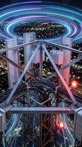 Telecommunication tower sending digital signal wave over dark night city, cellular antenna broadcasting wireless network connection, futuristic steel transmitter structure with light trail.