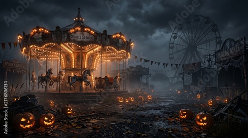 Spooky abandoned carnival at night with glowing carousel. Haunted amusement park with Halloween pumpkins. Eerie fairground under stormy sky.