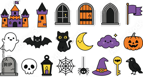 Halloween Icon Cute Halloween vector icons set including haunted castle, ghost, black cat, and pumpkin. Spooky autumn collection, witch hat, moon, bat, spider web EPS