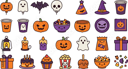 Halloween Icon Cute kawaii Halloween icons vector set. Orange pumpkins purple ghosts bats skulls candies. Spooky festive symbols for design EPS