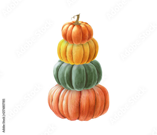 Stacked autumn pumpkins in bright colors isolated on background. Hand painted pumpkin decor watercolor illustration for Thanksgiving, fall crafts, greeting cards, stationery, seasonal design.