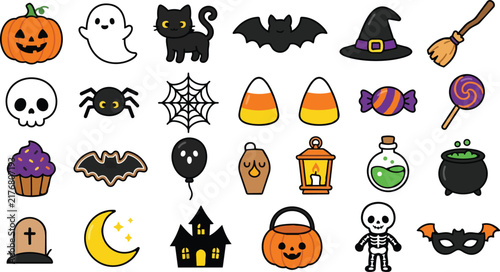 Halloween Icon Halloween vector set with cute cartoon ghosts, pumpkins, and spooky icons. Orange and black graphic elements for kids parties. Spooky symbols illustration. EPS