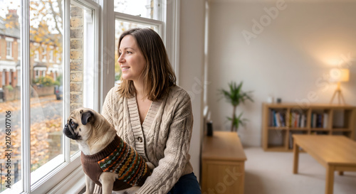 Gentle woman sitting by window with pet pug wearing knitted sweater looking outside at autumn scenery