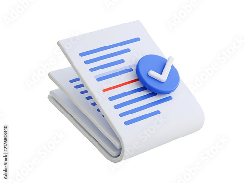 3D document icon with blue checkmark for business approval and task completion concept