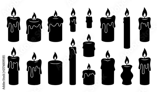 Принти на полотні Flowing wax candle silhouettes – black flame and paraffin vector icon set