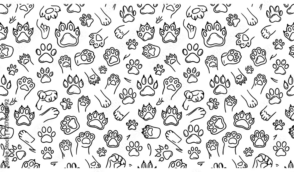 Fototapeta premium Cat paw seamless pattern – black and white outline vector background