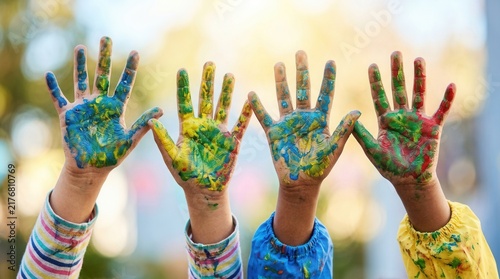 Multi-colored painted hands of children showing symbols of community betterment and social impact.
