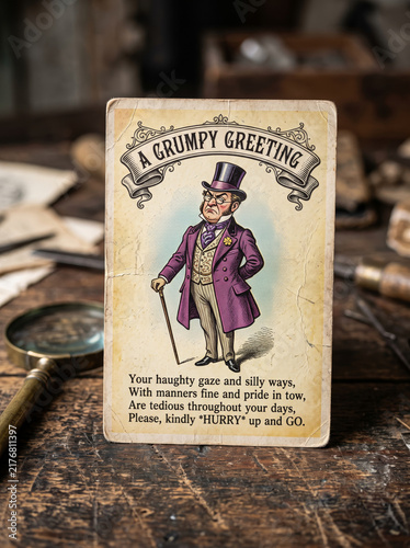 Canvastavla Victorian Humor Postcard Depicting Eccentric Grumpy Man on Desk