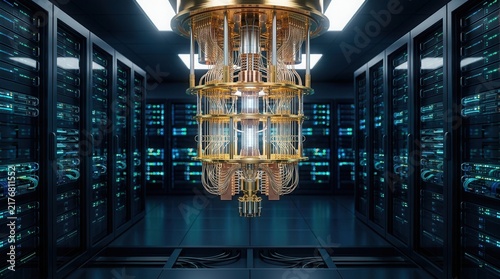 Obraz na płótnie Futuristic quantum computer technology displayed inside a professional server room and network environment.