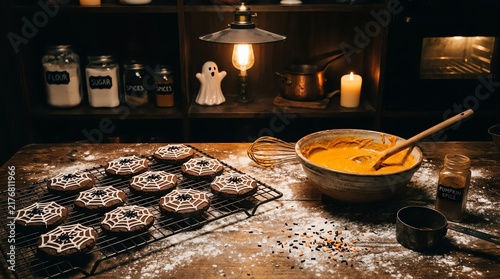 Halloween Spider Web Cookies Baking Scene with Pumpkin Spice