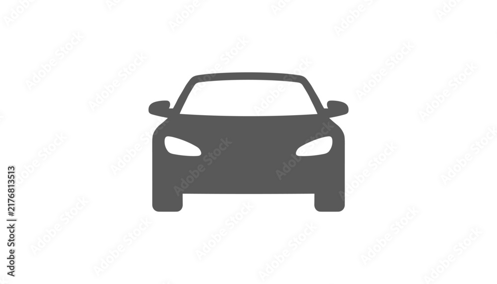 Obraz premium Sedan car front view vector icon in solid grey silhouette representing transport vehicle or auto industry.